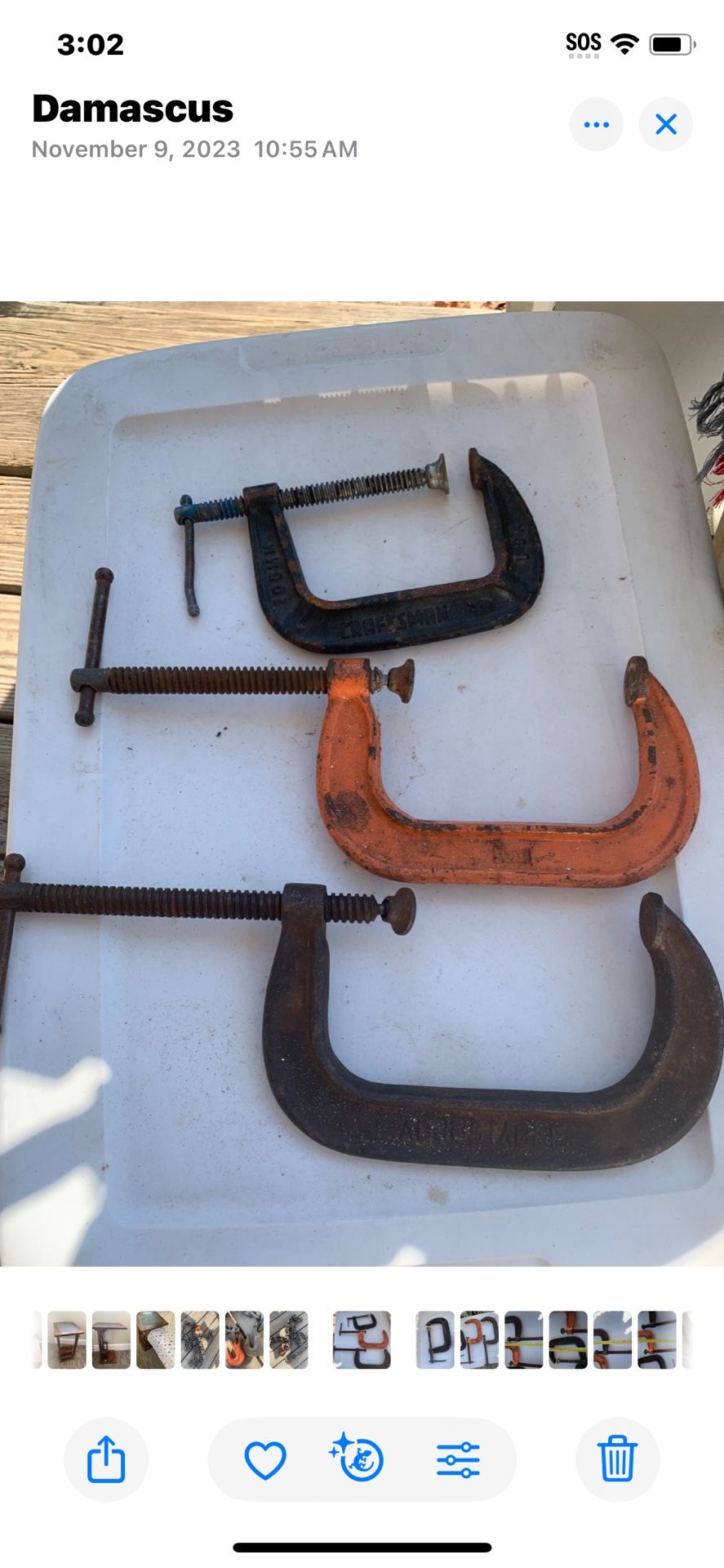 3 Vintage Assorted 78&9”inches Engineering/woodwork G & C Clamps