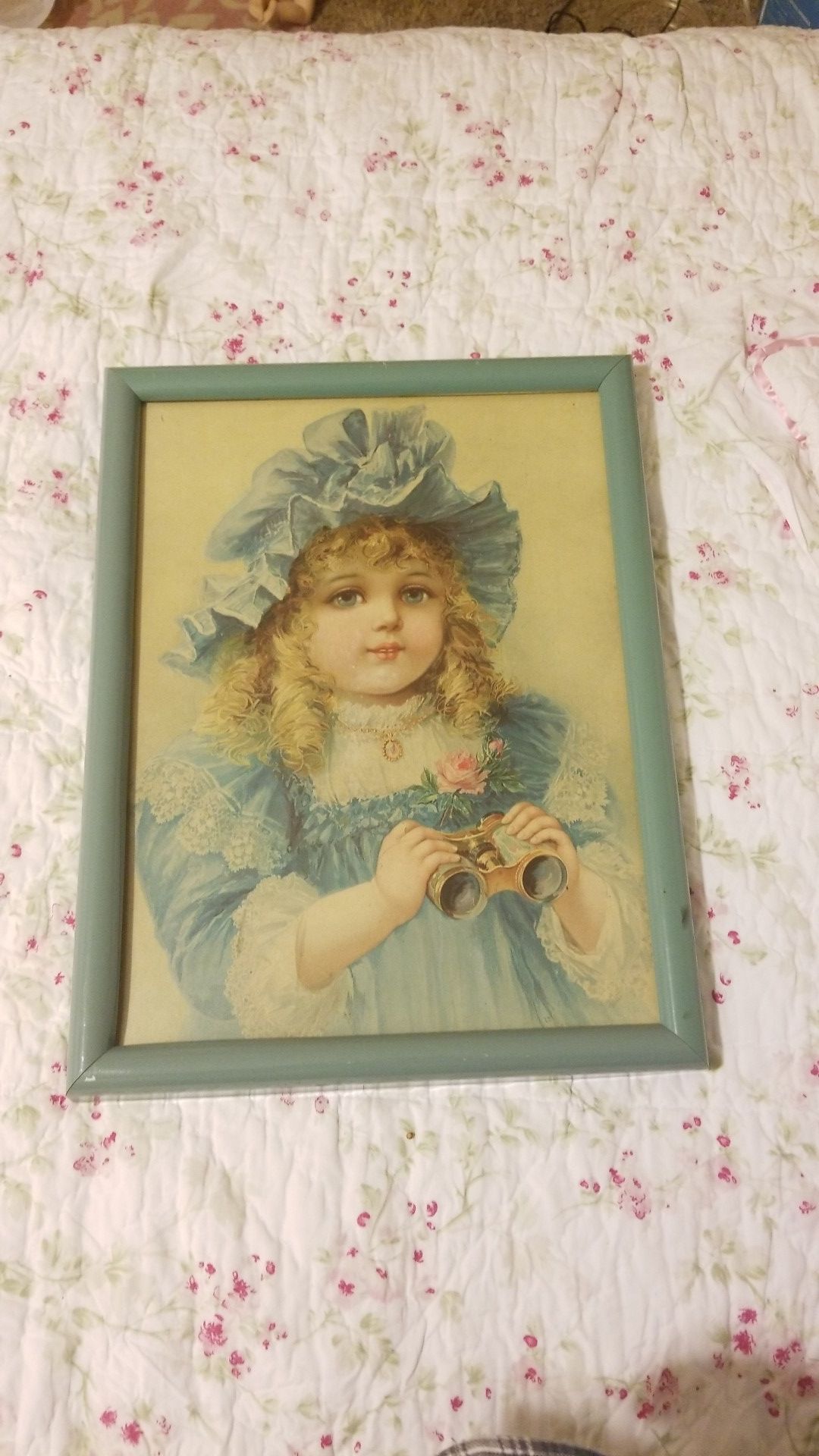 Pending FREE Adorable Vintage Doll Print Victorian little girl. Pink rose Glass covering