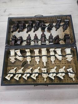 Chinese Chess Set Terracotta Warrior Pieces Wood Box Brass Handles