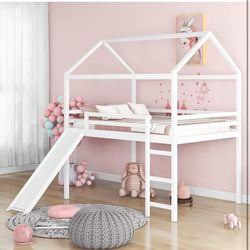 White Full Loft Bed with Slide, Stairs 