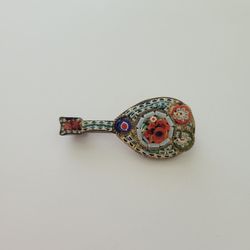 Vintage Micro Mosaic Banjo Shape Brooch Pin with Floral Design C Clasp 
