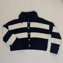Jessica Simpson Navy White Striped Chunky Knit Cardigan Sweater M