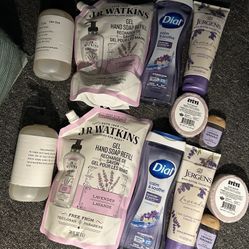 Five piece lavender set Jr Watkins, Hand Soap, Dial Body Wash, Jergens  Body, Butter Bath Bomb Hand Sanitizer