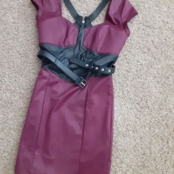 2b Bebe Wine Color Corset Dress With Black Belt. Zipper On Back With Criss Cross Straps