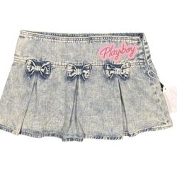 Playboy Denim Bow Pleated Mini Skirt Juniors NWOT Y2K washed out denim