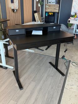 Black Electric Standing Desk with Hutch Drawers monitor stand work desk