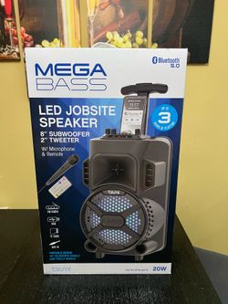 Tzumi Mega Bass LED Jobsite Speaker 8” Subwoofer 2” Tweeter with Microphone & Remote. NEW