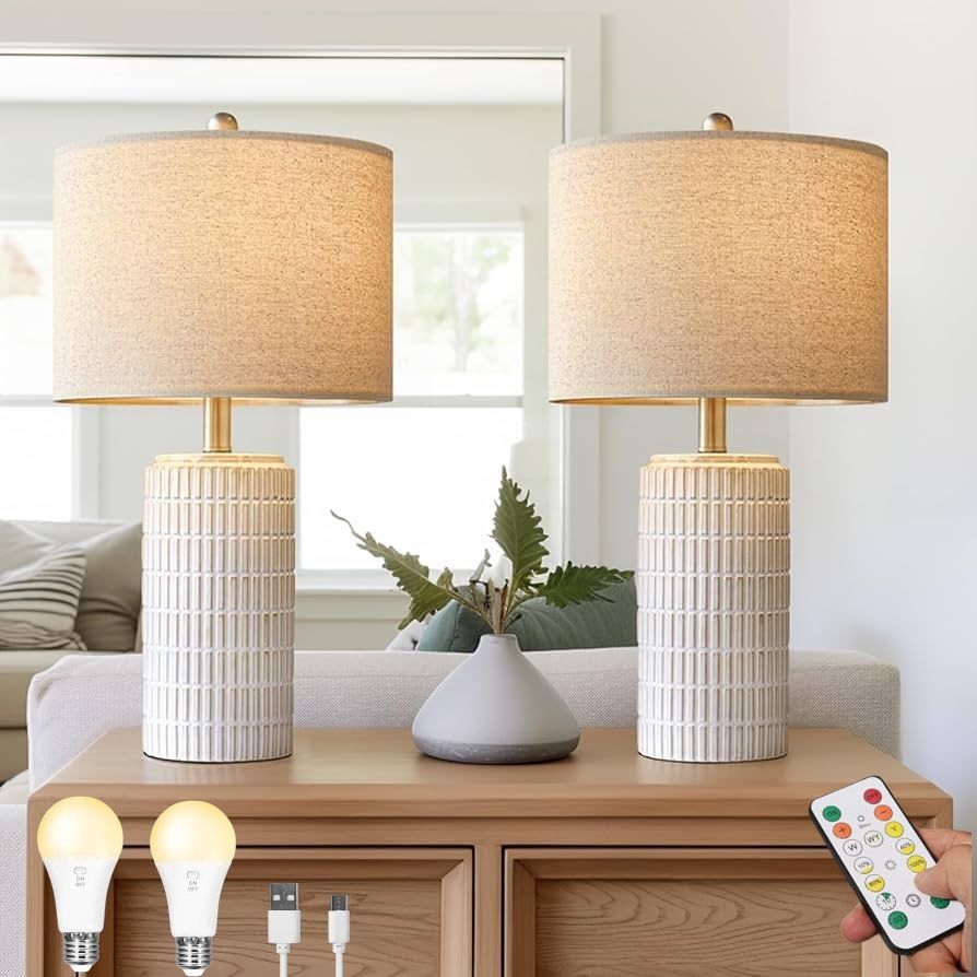 Set of 2 Chic Farmhouse Cordless ‼️ No wires needed Modern Ceramic Table Lamps