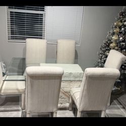Top Dining Table with 6 Upholstered Chairs Glass