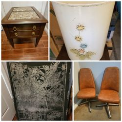 Vintage Furniture MCM Table Hamper 4ft Canvas Swivel Chairs