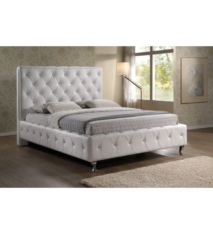 Crystal White Faux Leather Platform Bed W/Tufted Headboard (King)