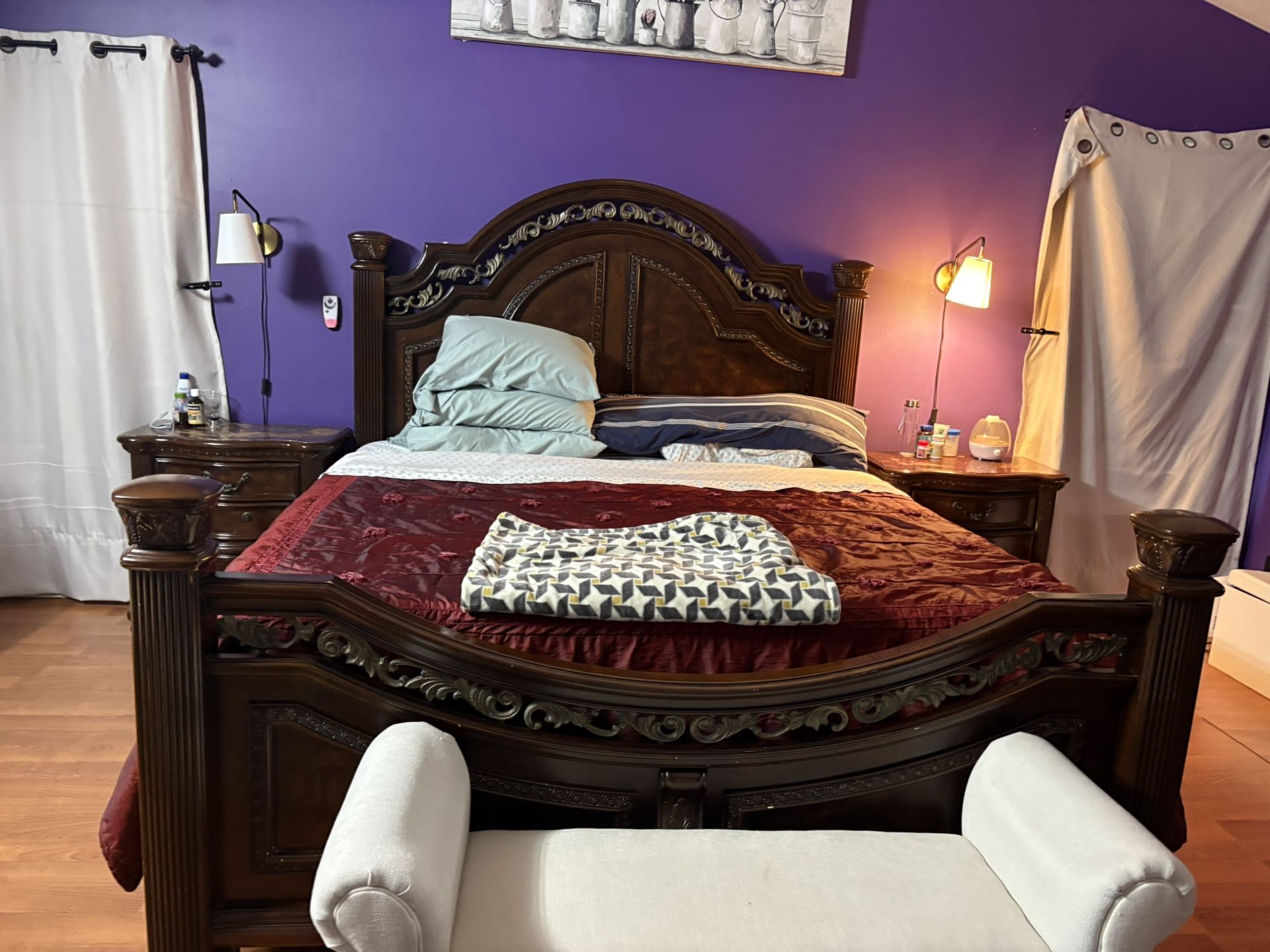 California King Size Bed/2 Wooden Side Tables/one Dresser