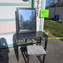 Vanity with mirror and bench