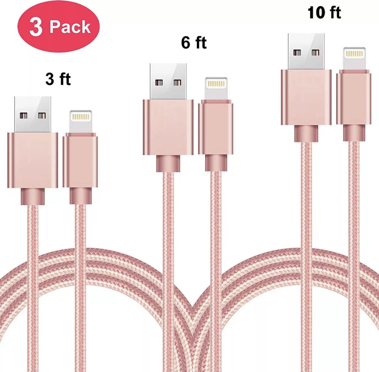 Nylon Braided USB Quick Charging Cable Lightning 3 PACK 3/6/10FT iPhone Android