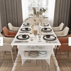 86.8 Inch Dining Table for 6-8 People Modern Rectangular Kitchen Table Large Cream White Dinner Table with   4 Rows Storage Shelves for Dining Room Ki