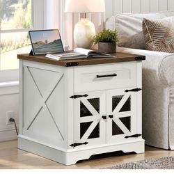 White Farmhouse End Table with Charging Station, 24" Large Sofa Side Table with Drawer, Large End Table for Living Room, Wooden Nightstand with Outlet