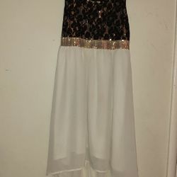 Sleeveless Black Lace And Gold Sequin And Chiffon High-Low Dress. Size 10 (Girls)