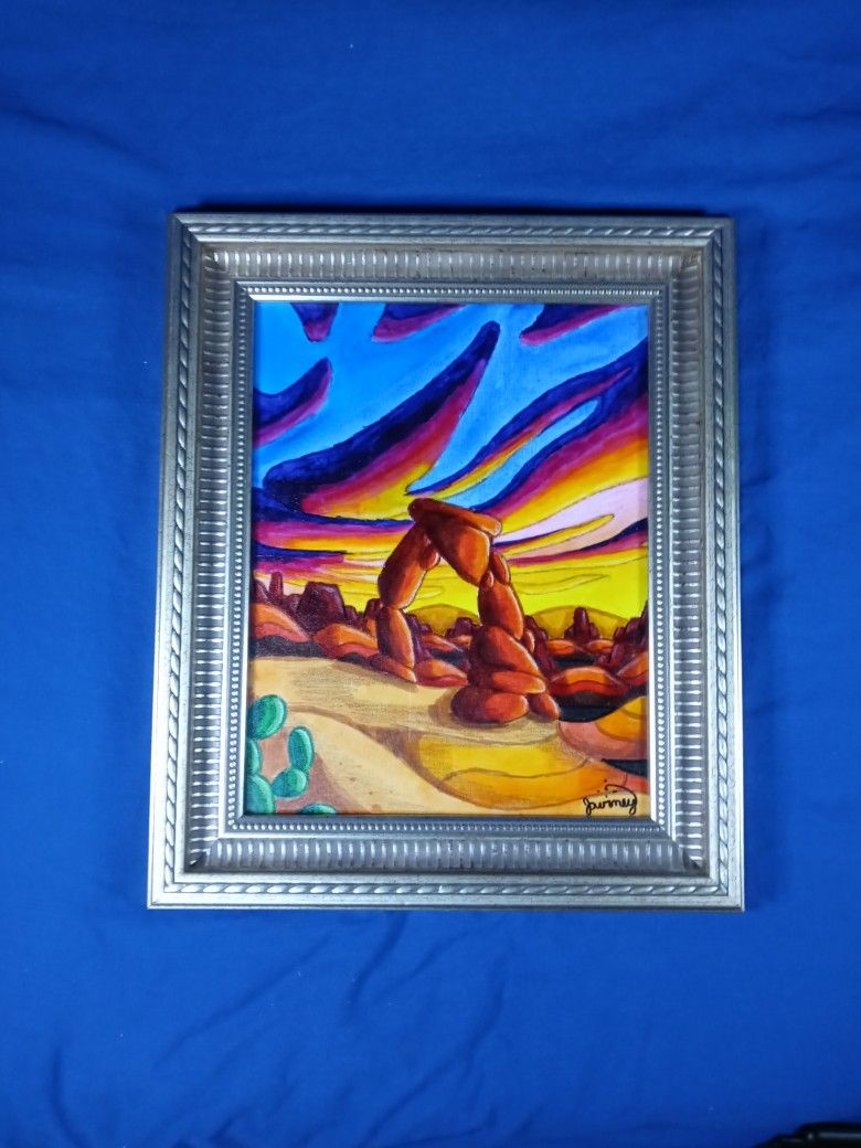 *NEW* Handmade Acrylic Painting Desert Sunset Landscape Framed Wall Art