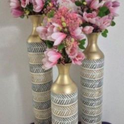 *** NEW LOW PRICE *** TRIO of Metal Floor Vases with over 20 Pink / Purple Faux Magnolia stems and Gypsophila @ Lasting Creations