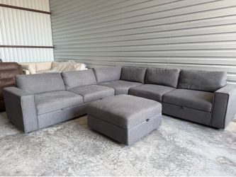 Thomasville Fabric Sectional with Storage Seats and Ottoman, Dark Gray