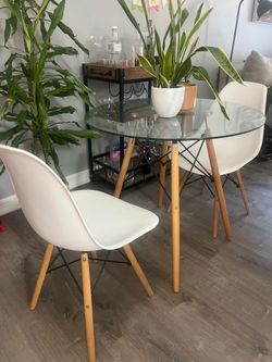 Modern Round Glass Dining Table + 2 White Mid-Century Chairs