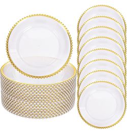 Clear Charger Plates Bulk, 13" Plastic Round Beaded Chargers with Silver Rim, Frosted Grain Plate Chargers for Wedding, Party Event