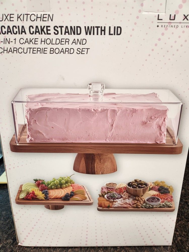 Brand New Still In Box Luxe Kitchen 2 In 1 Cake Holder Plus Orderv Tray 16" × 12" Wood Tray Plastic Cocer