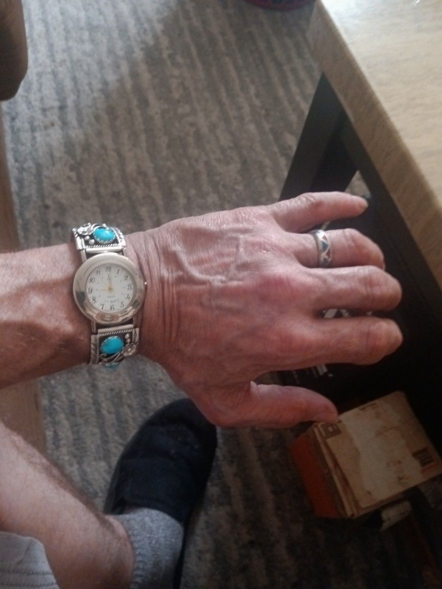 Vintage Sterling Silver Turquoise Southwestern Indian La Scarla Watch, And A Sterling Silver Turquoise Size 8 Ring.