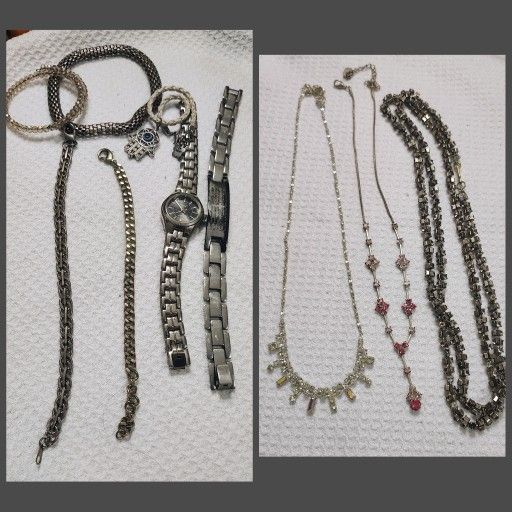 10 item jewelry lot 3 necklaces, 6 bracelets, and a watch