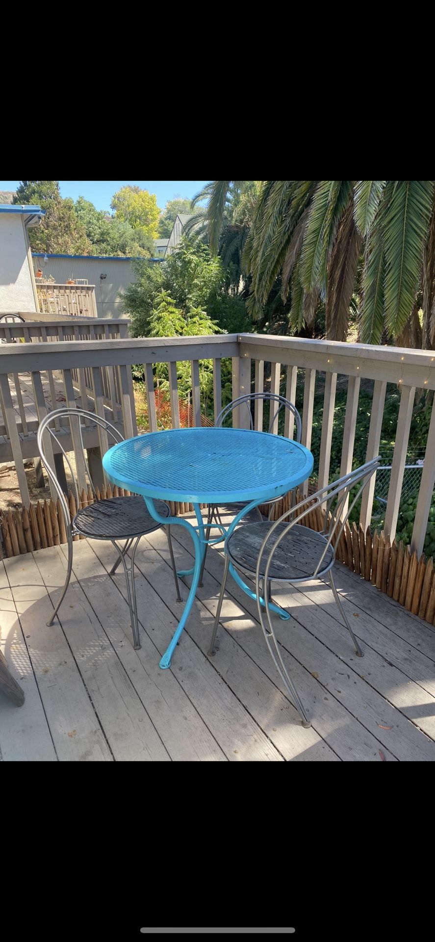 Super cute turquoise blue outdoor patio furniture + 3 wood chairs