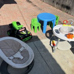 Baby/Kid Items, Kids Table W/ Chairs, Baby Swing, Power wheel Car Grave digger