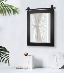Farmhouse Wood Framed Wall Mirror Barn Door Rustic Mirrors for Wall (Black, 22 inches x28 inches )