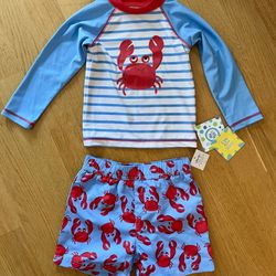 Little Me CRAB Toddler Boy 2 pcs Swim Set Rash Guard ,Size 2T