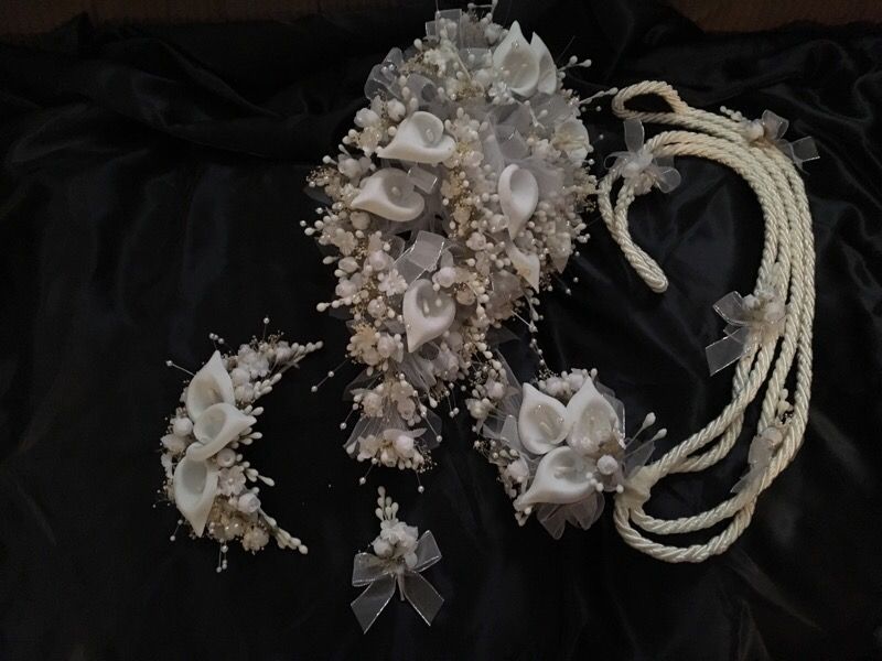 Wedding Laso, head piece, bouquet, boutonnière .