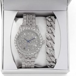 Big Boss 24K Gold Plated Mens Single Watch & Cuban Hip Hop Bracelet !Big VVS Rhinestones on Trim and Elegant Baguette Time Indicators on Dial！