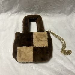 Brown faux fur small chain shoulder bag purse
