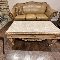 Leather Furniture 2 Sofas And 2 Chairs With Marble Coffee Table And end Table
