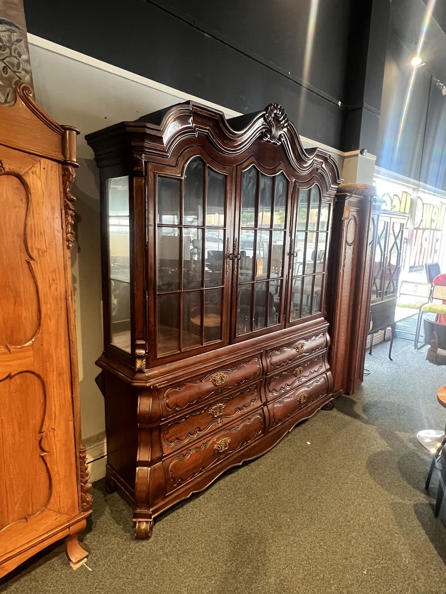 China Cabinet: Ferguson Copeland Vintage 2 Piece China Cabinet W/ 3 Doors, Glass Shelves, 6 Drawers SKU 22C9JR