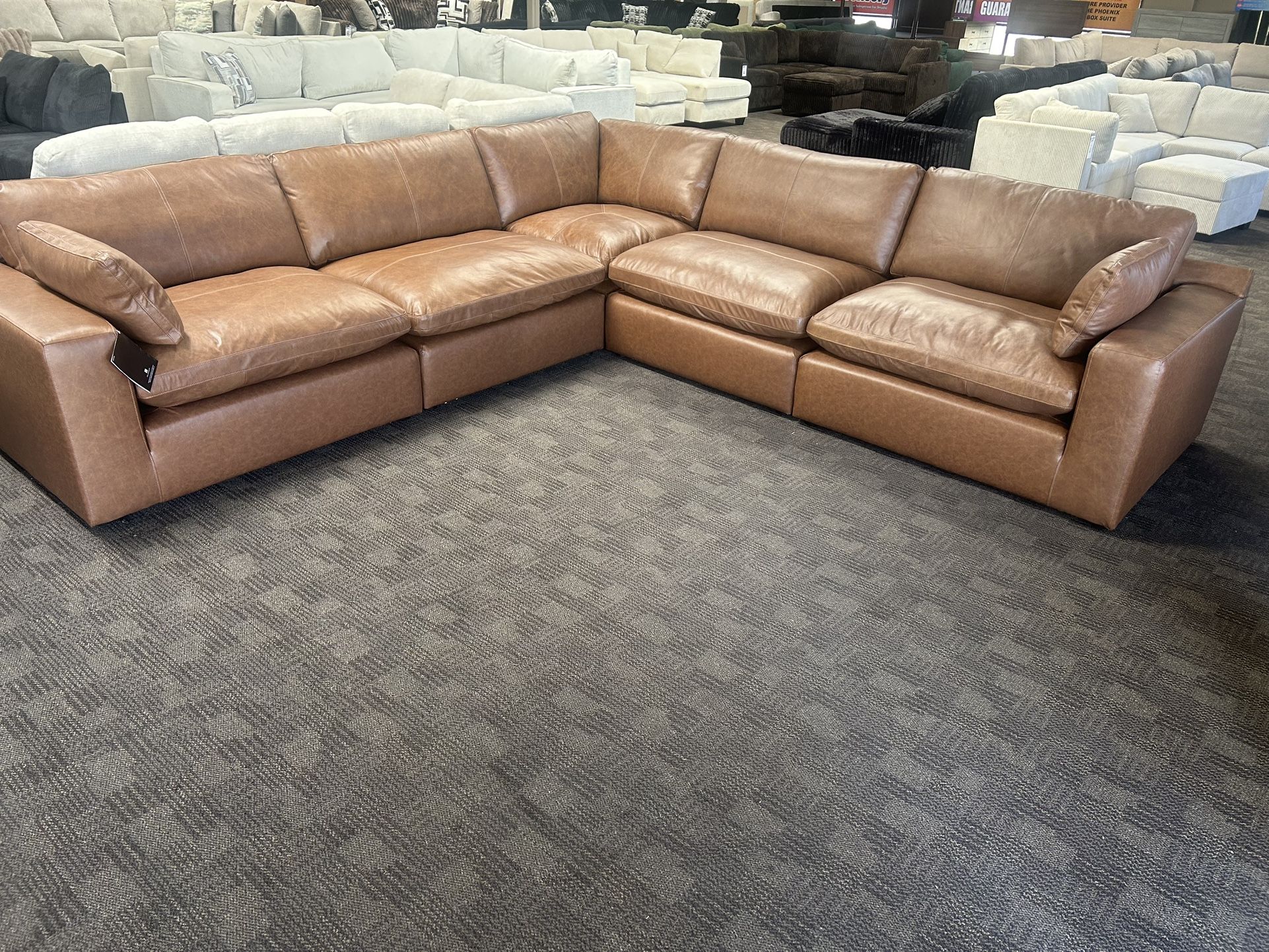 Camel Leather Deep Cloud Sectional