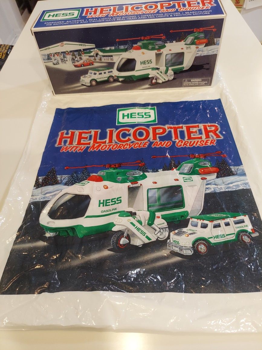 HESS 2001, HELICOPTER WITH MOTORCYCLE AND CRUISER NEW IN BOX WITH BAG