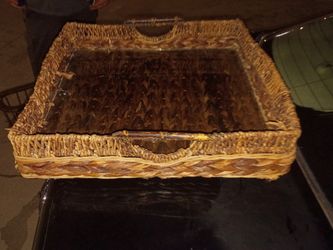 Table Top Glass And Wicker Serving Tray 