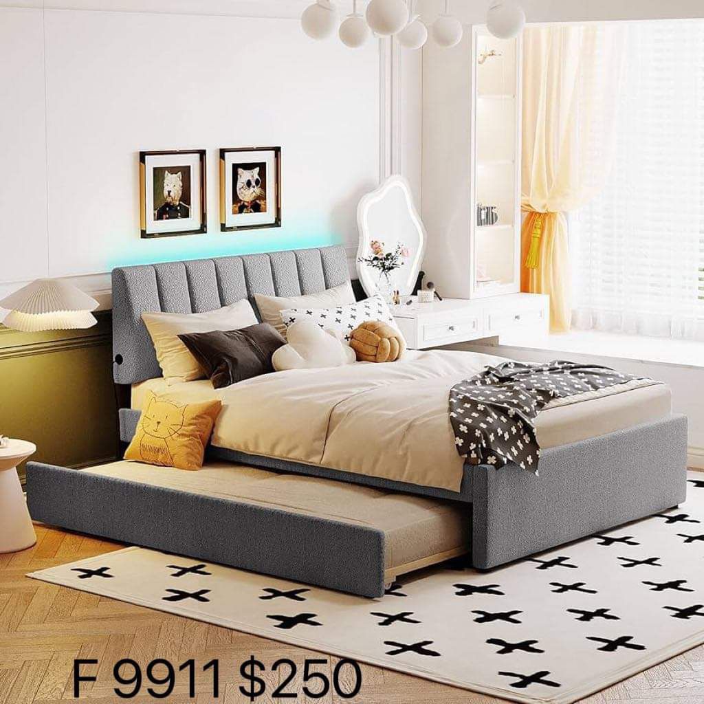 Full Size Bed Frame, Smarter LED Bed Frame, Teddy Fleece Full Size Upholstered Platform Bed with Trundle for Kids and Teens, No Box Spring Needed (Gra