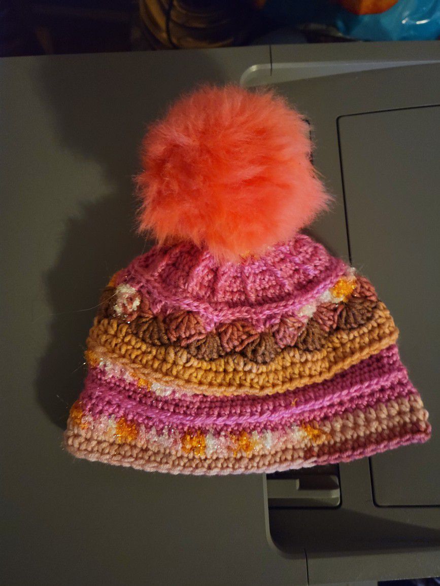 Hand crocheted 6-12 month old soft, warm and comfy hat With Pink Hues