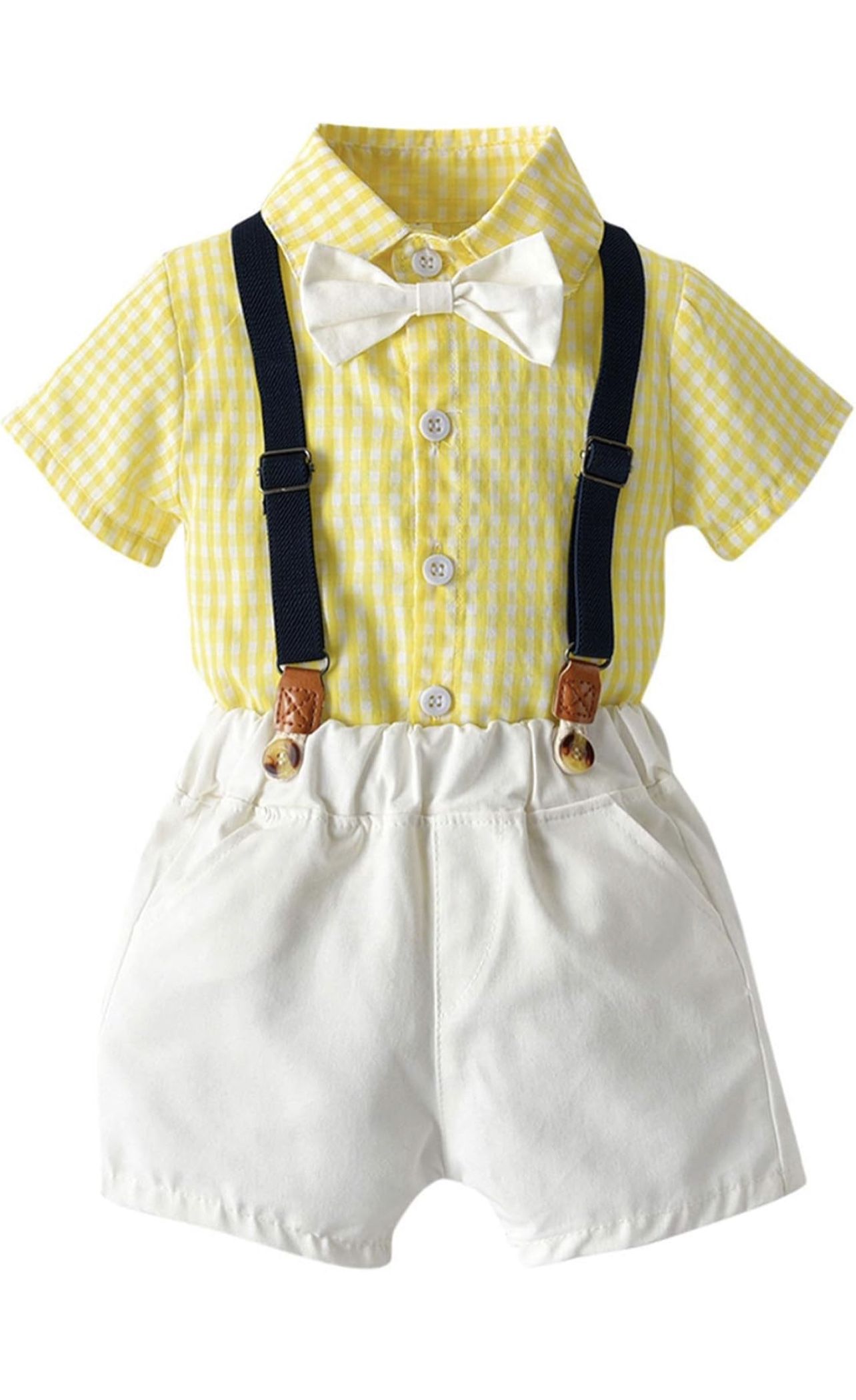 Baby Boy's Clothes Gentleman Bow Tie Plaid Shirt Short Sleeve Tops+Suspender Shorts Outfits