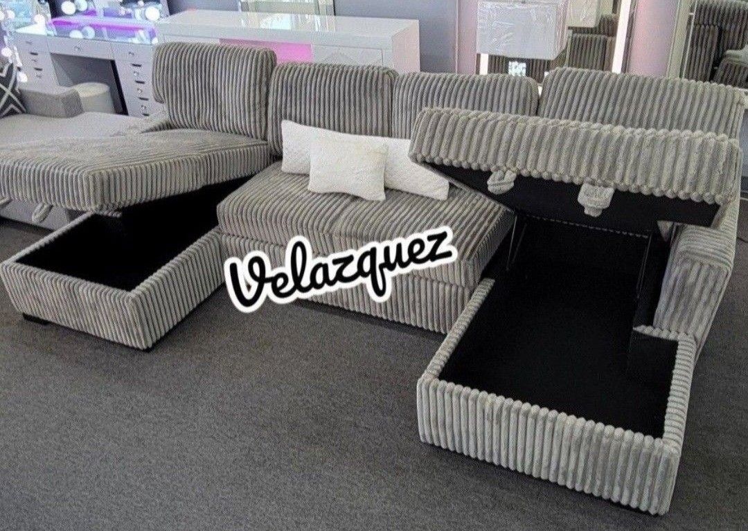 ✅️✅️3 pc Smoke grey corduroy fabric sectional sofa with double storage chaise and pop up sleep area in center✅️✅️