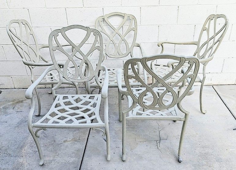 Set Of 5 Wide Off White Cast Aluminum Iron Outdoor Patio Balcony Seating Chairs Armrests
