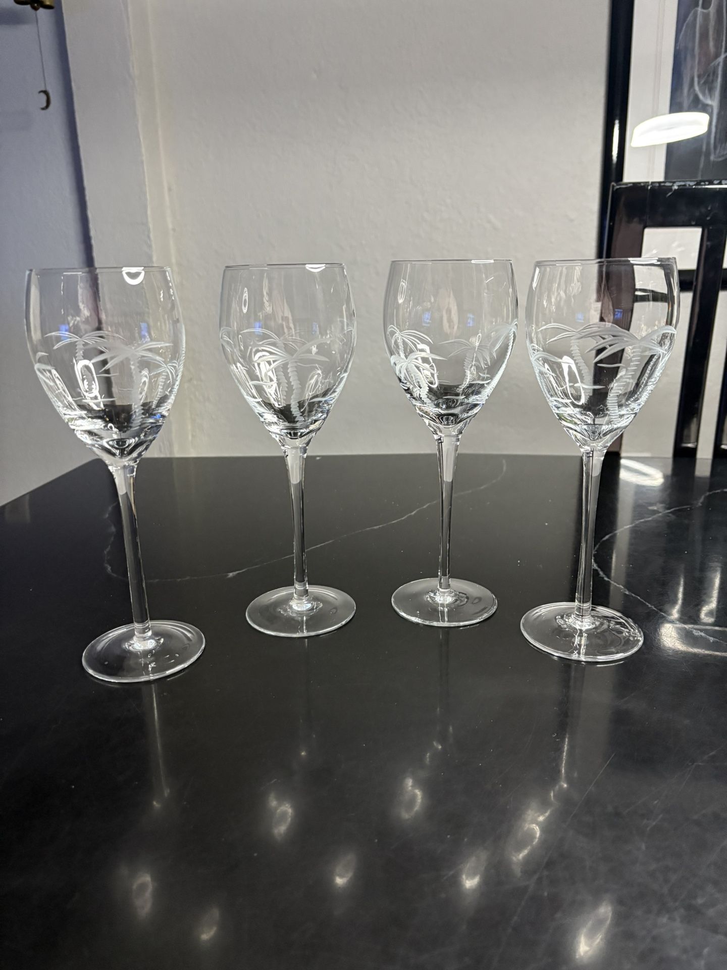Etched Palm Tree Wine Crystal Glasses