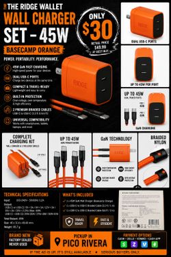 NEW Ridge 45W GaN Dual USB-C Wall Charger Kit w/ 2 Braided Cables – Orange – $30