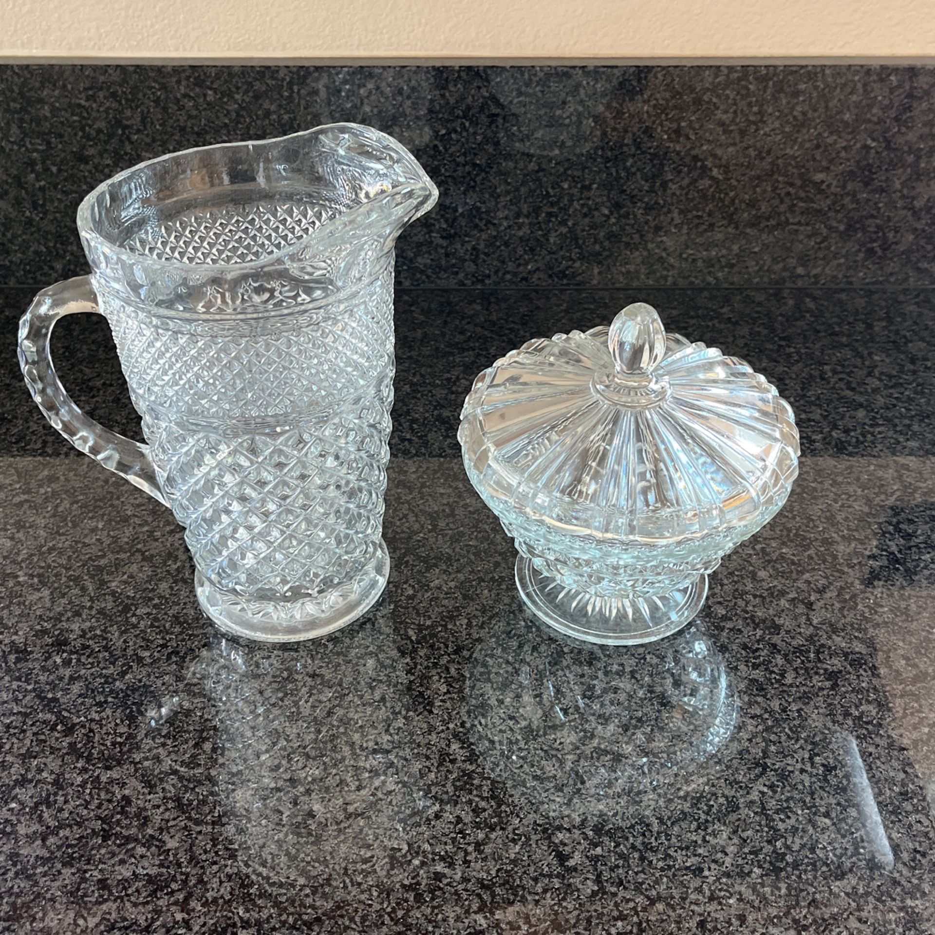 Antique Cut Glass Pitcher And Large Candy Dish With Lid