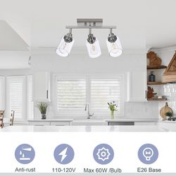 3 Light Track Lighting Kit Brushed Nickel Kitchen Track Lighting Fixtures Ceiling Mount Bathroom Vanity Wall Scones Light Fixture with Clear Glass, Ro